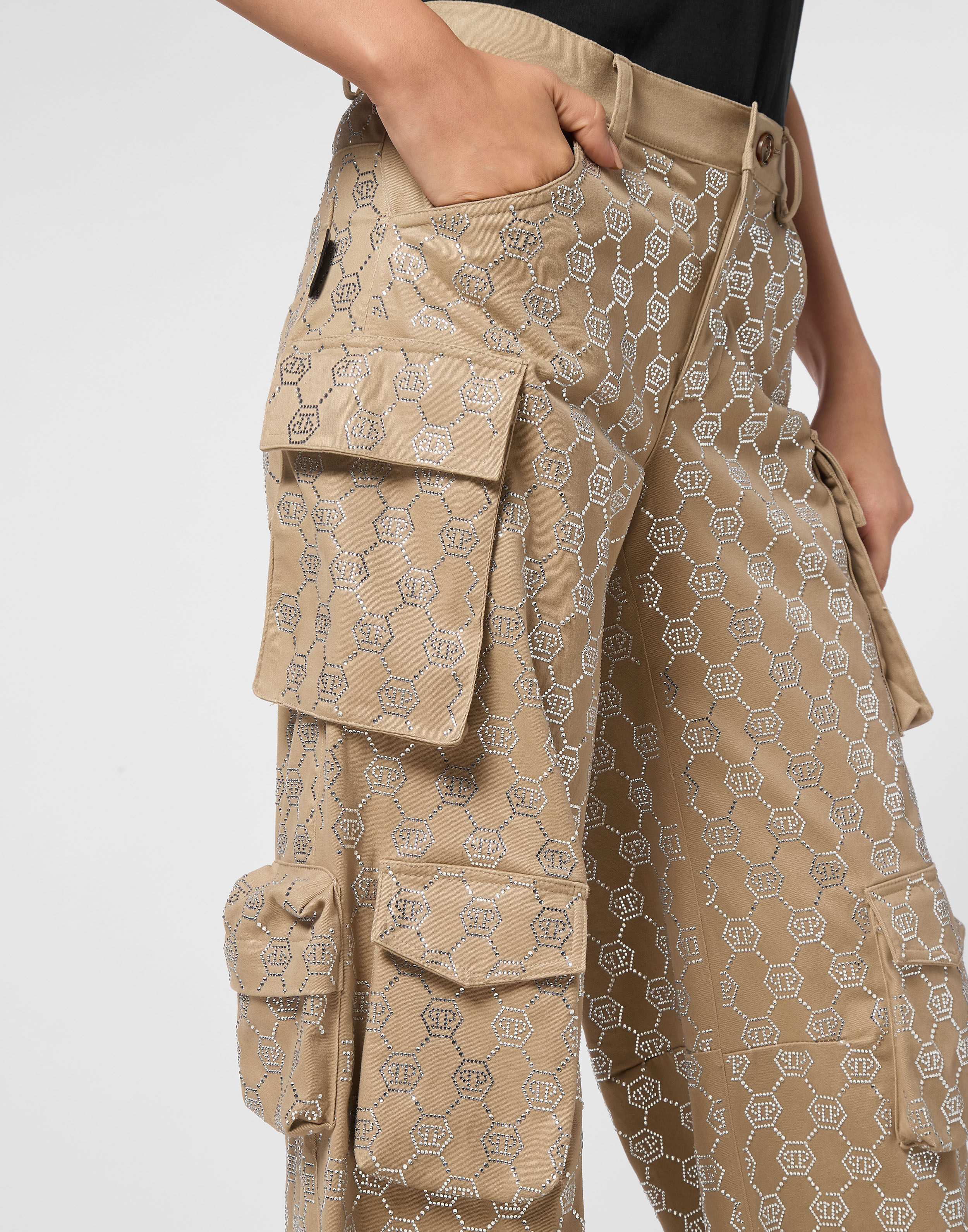 Pantalons longs cargo à coupe strass monogramme