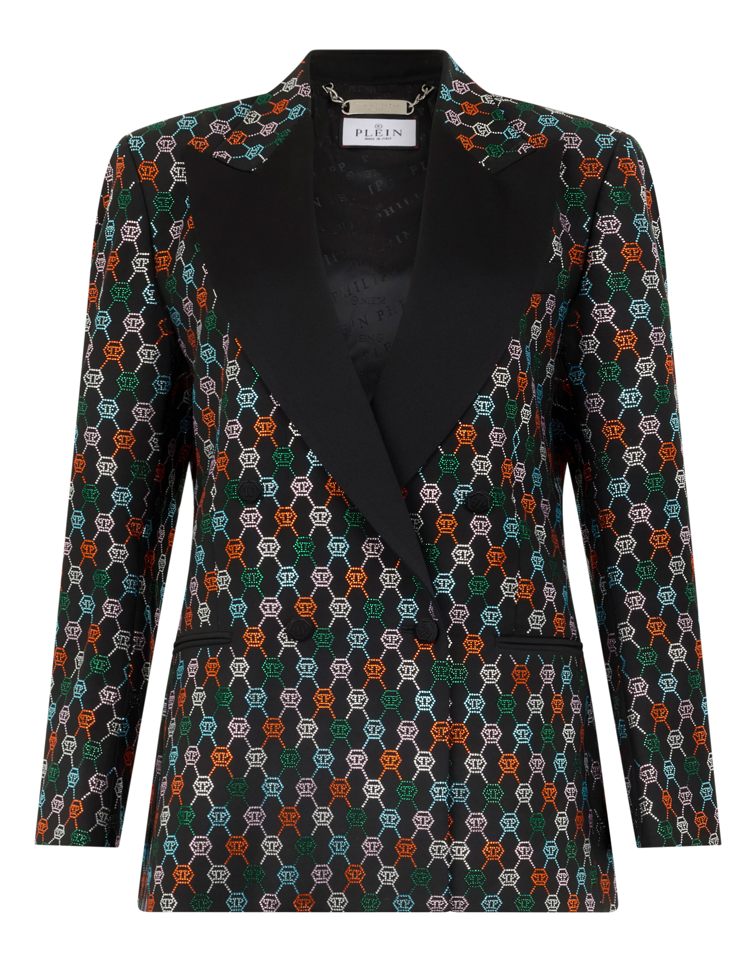 Blazer à deux boutonnages ajusté marine à monogramme strass