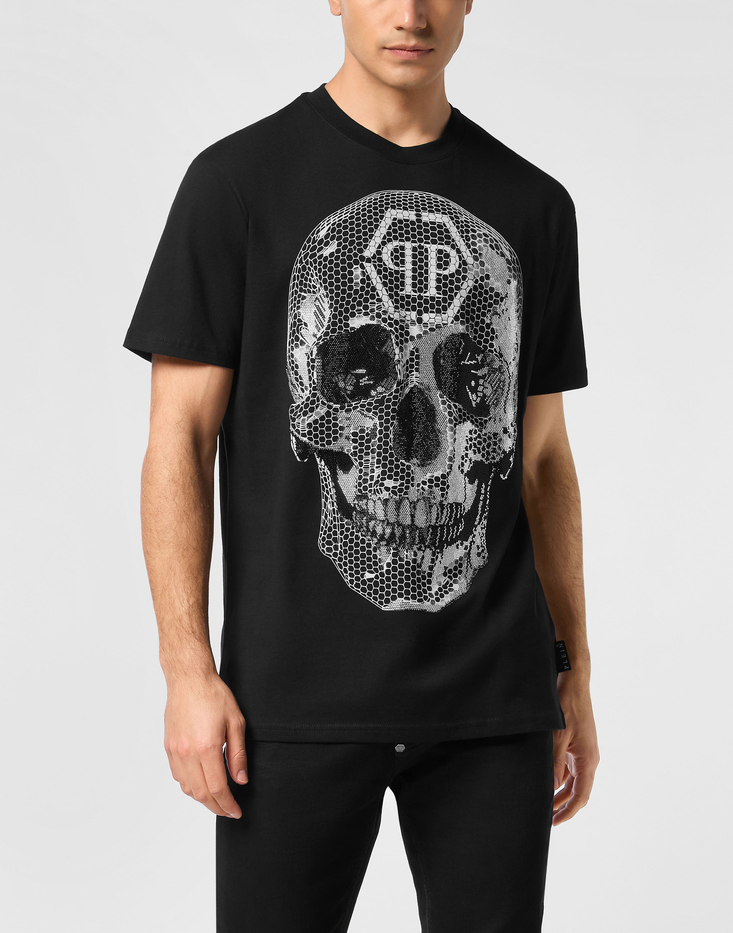 T-shirt à col rond avec motif crâne strass