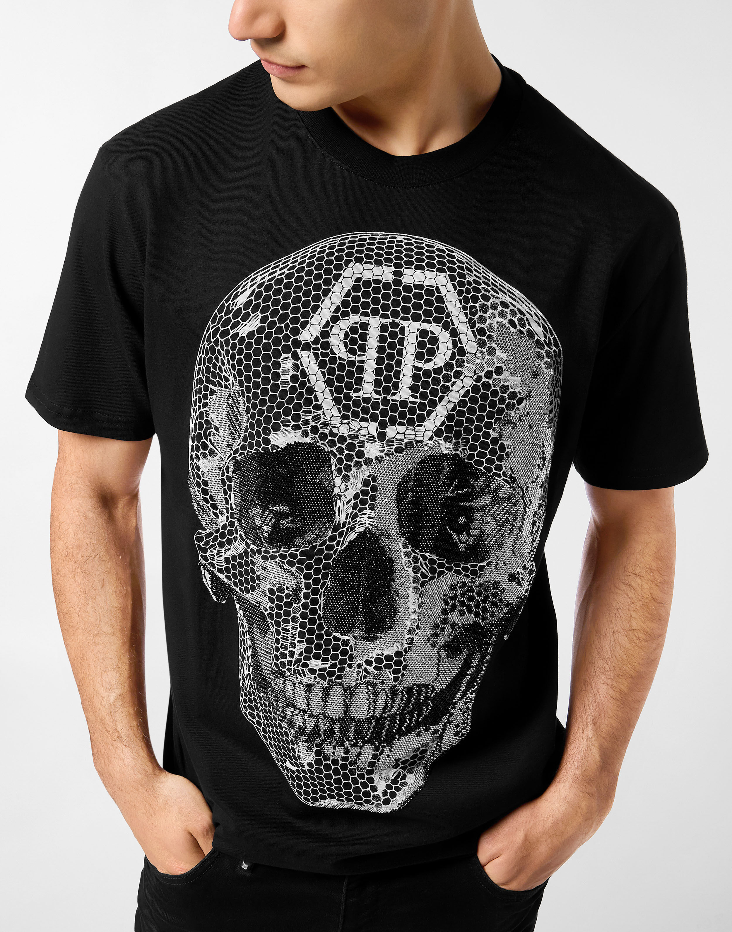 T-shirt col rond tête de mort strass