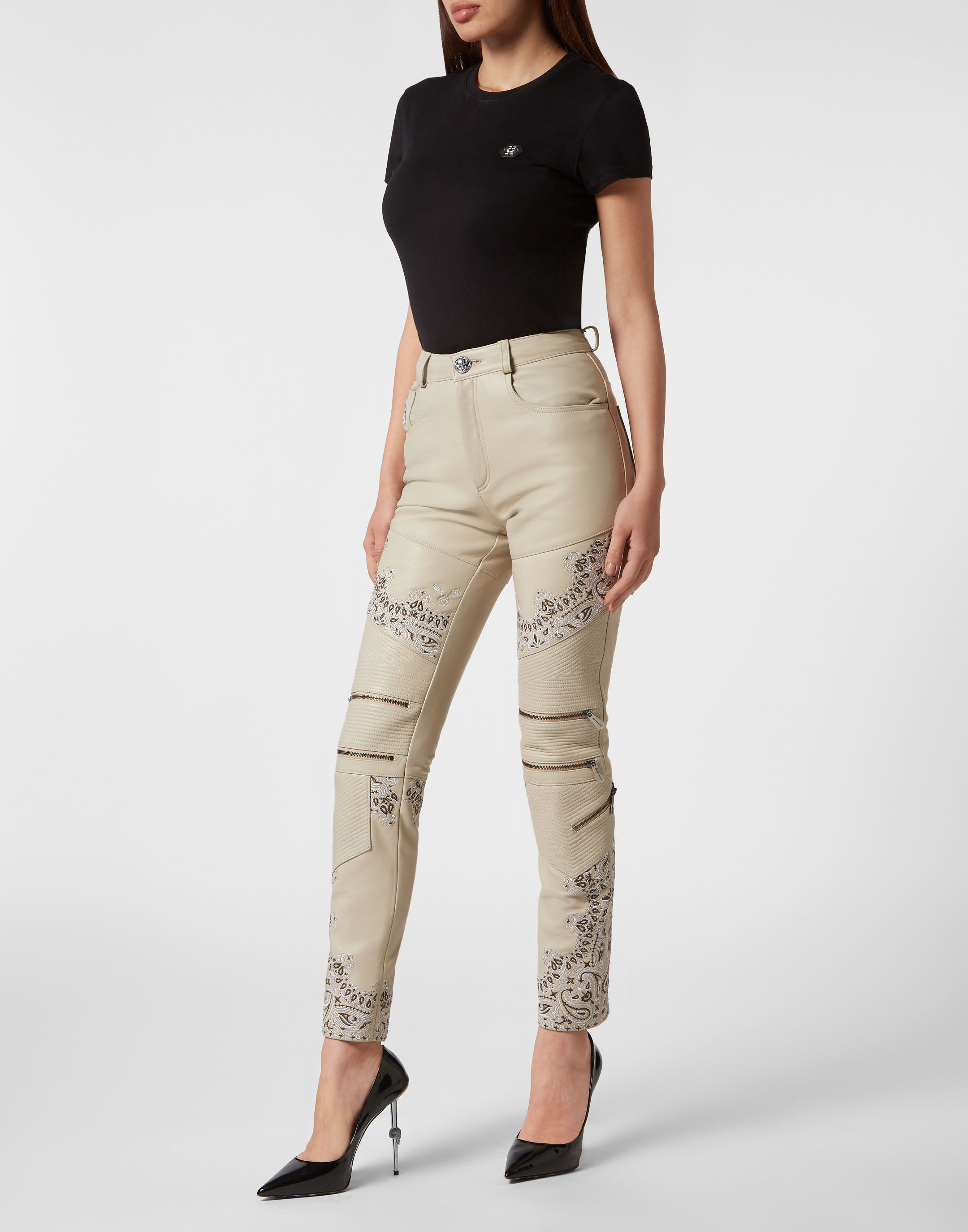 Pantalons longs en cuir avec foulard Paisley