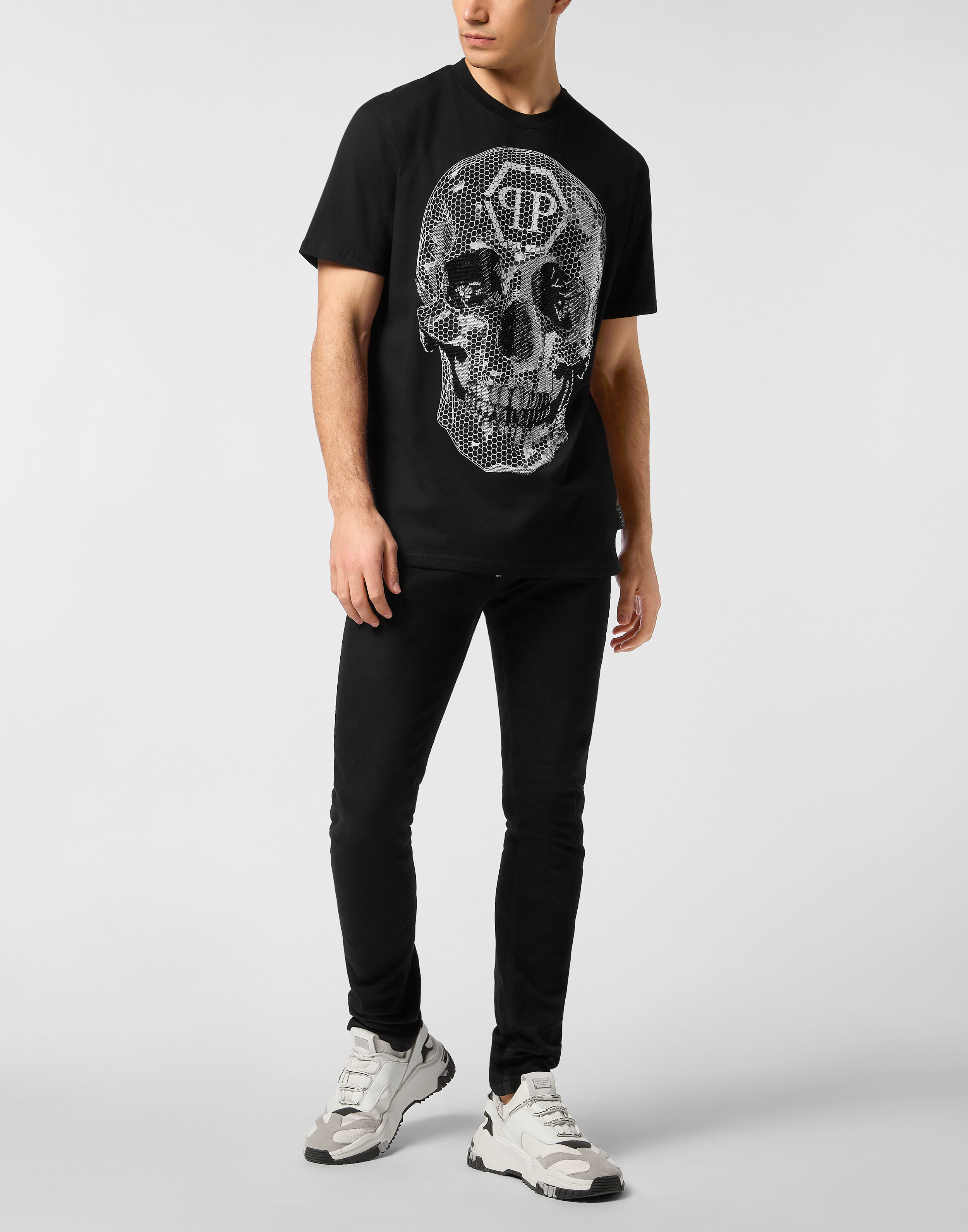T-shirt à col rond avec motif crâne strass