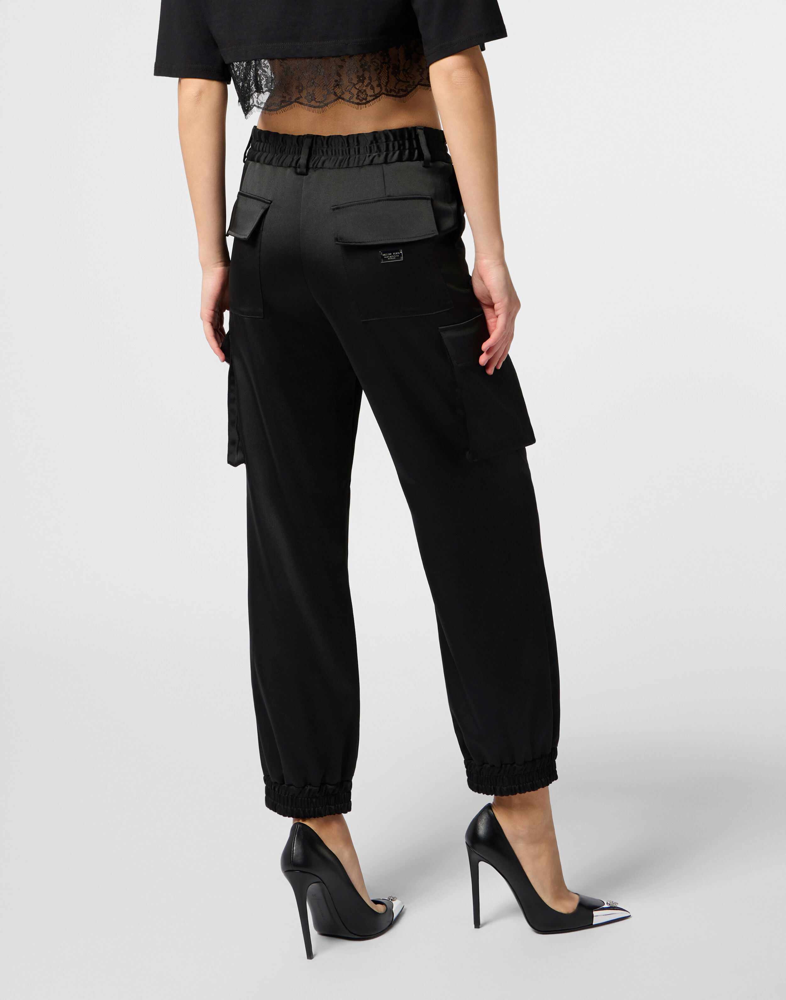 Pantalons Cargo en Satin à Taille Élastique avec Cordon