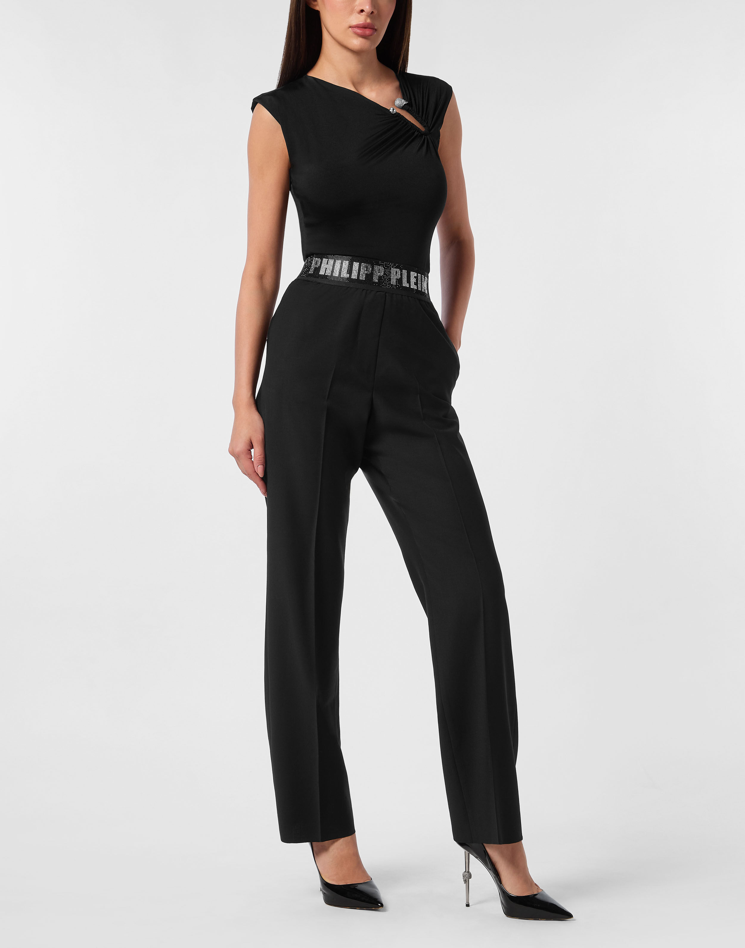 Pantalon classique en laine avec élastique et strass