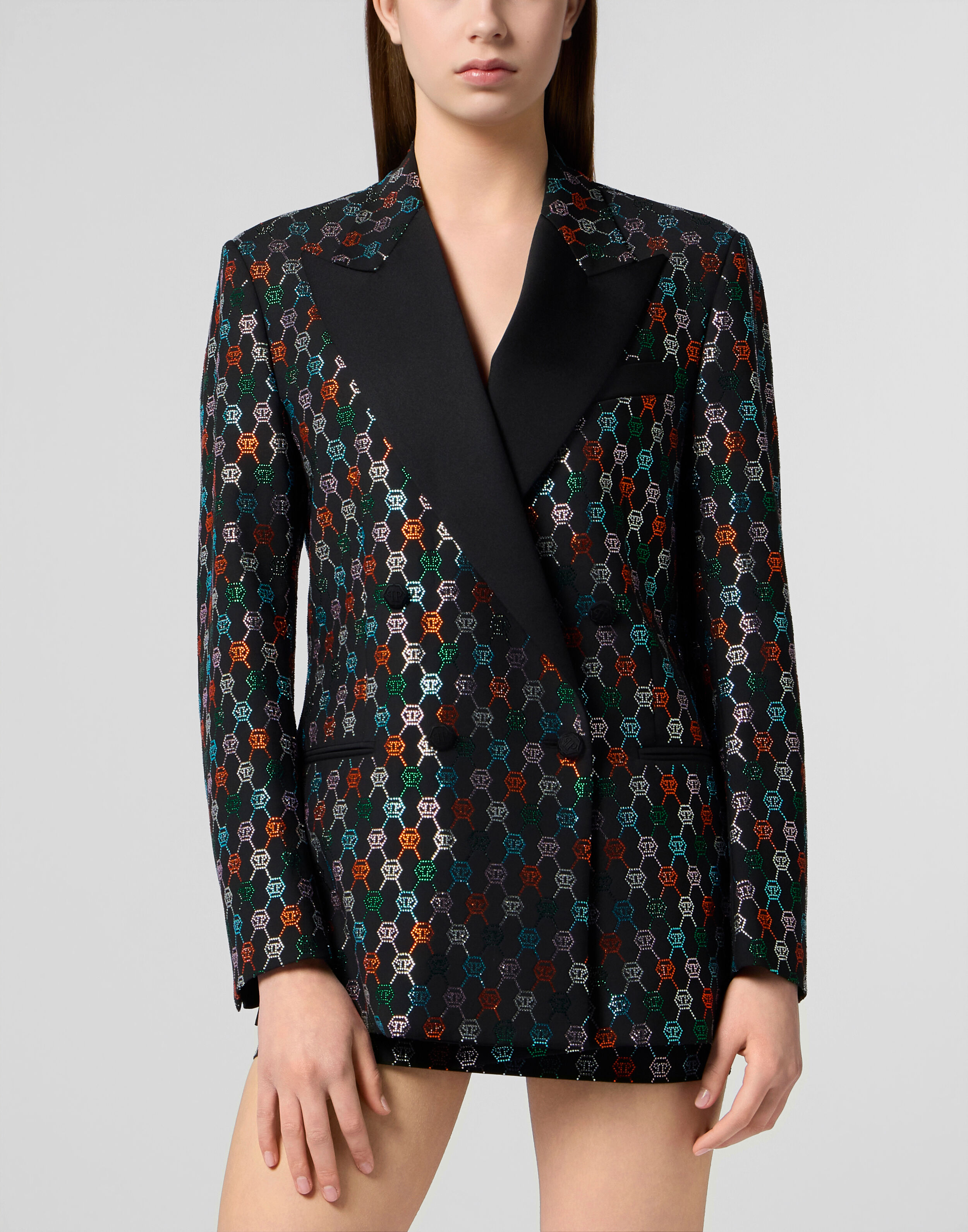 Blazer à deux boutonnages ajusté marine à monogramme strass