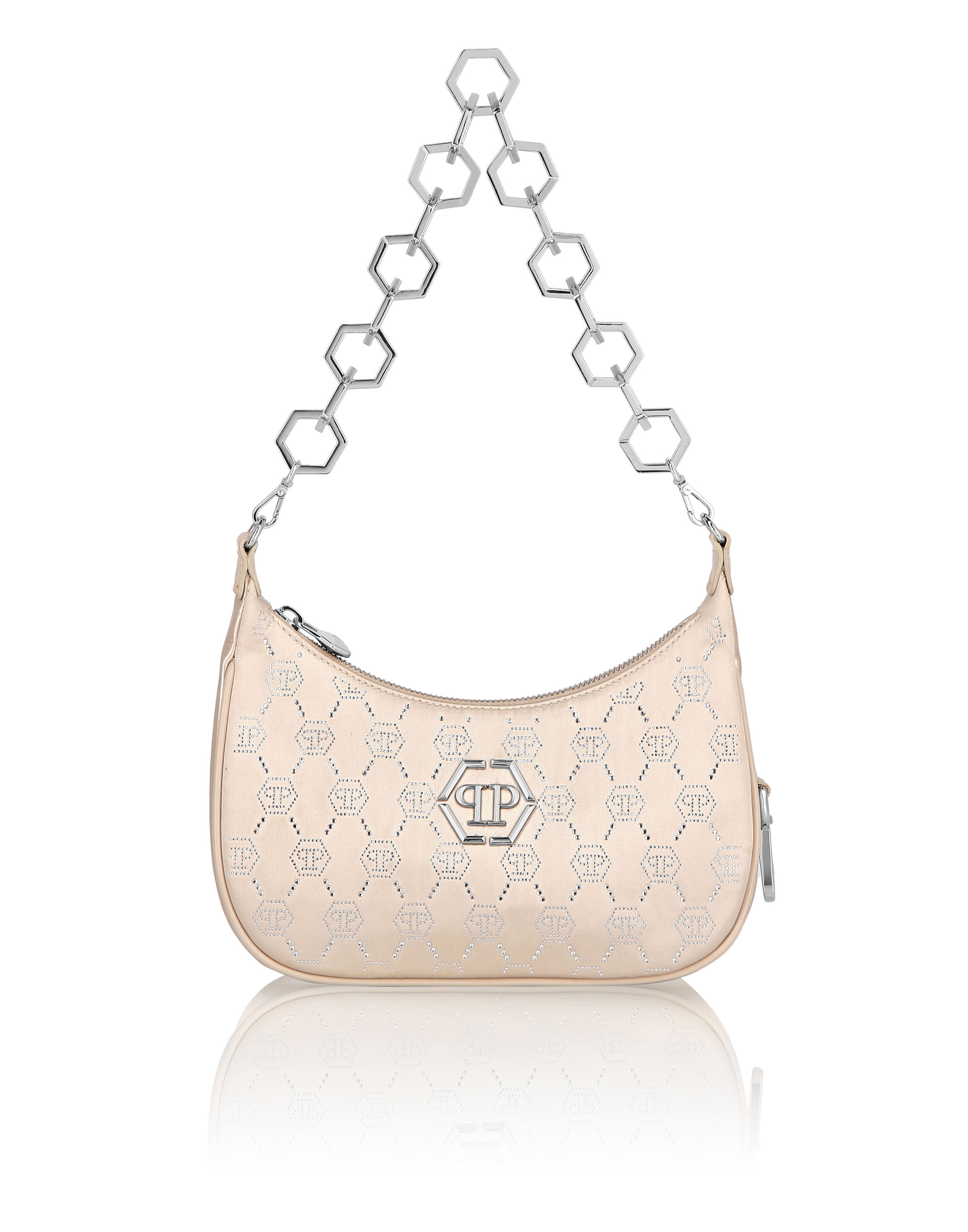 Sac à bandoulière en satin à monogramme strass